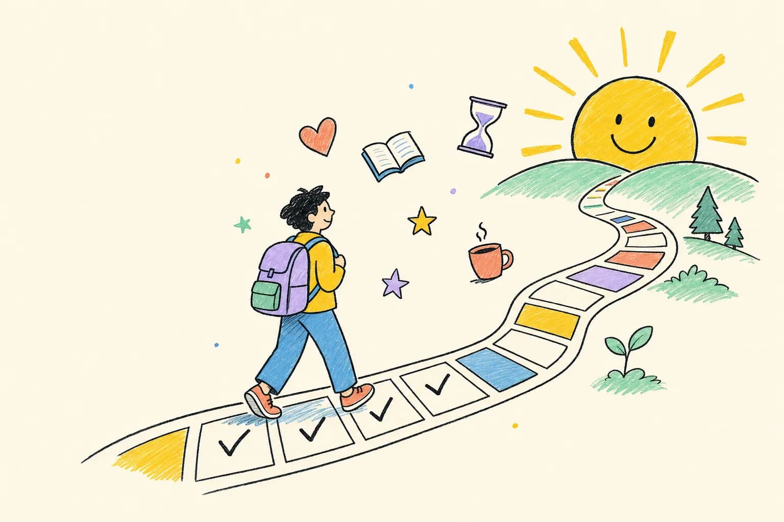 A person walking a path of ticked-off calendar days toward a smiling sunrise